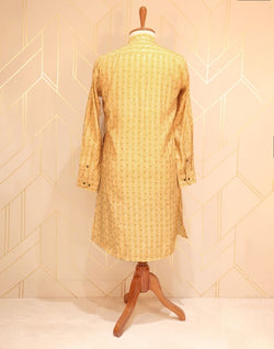 Collection of Yellow Floral Printed Cotton Silk Kurta Pyjama Set in a gallery layout