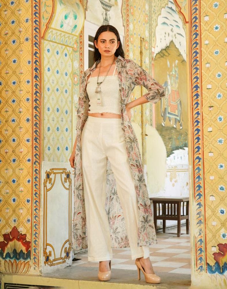 Cream Floral Print Cotton Co-ordinate Set with Shrug