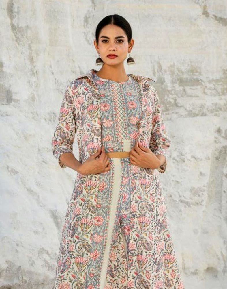 Collection of Off White Floral Print Cotton Co-ordinate Set with Shrug in a gallery layout