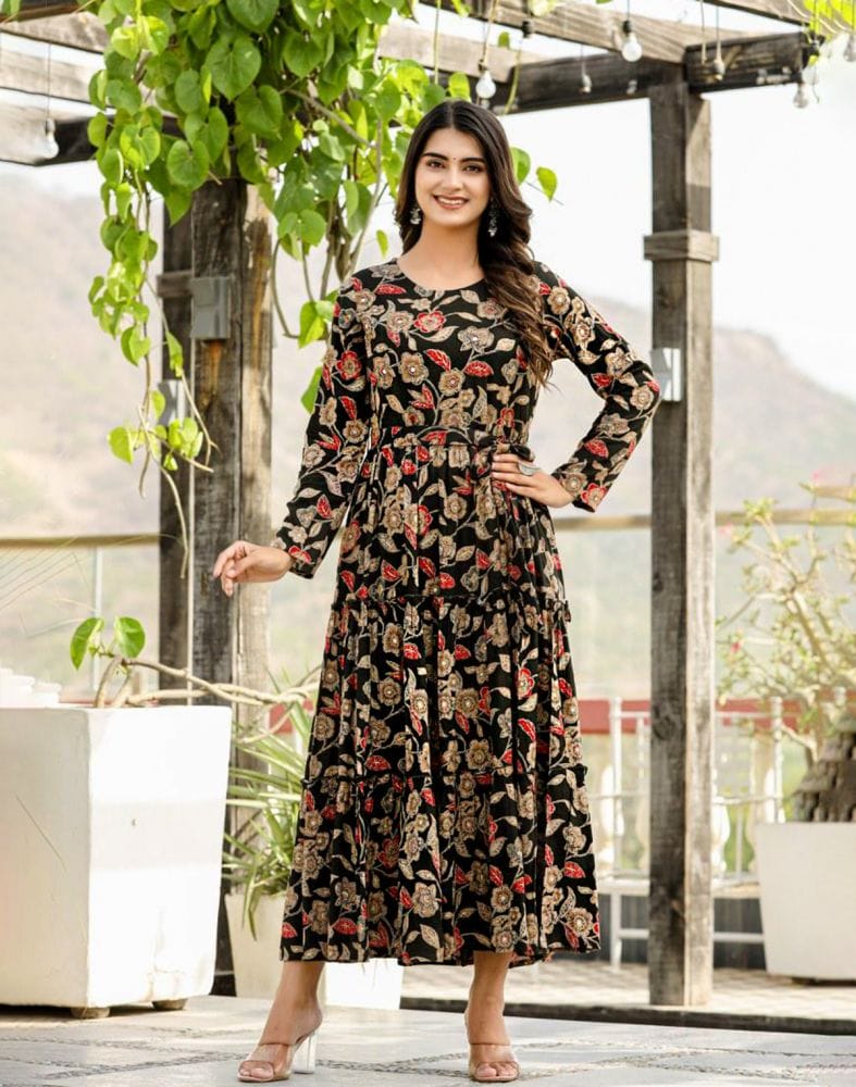 Collection of Black Floral Beads work Cotton Silk Kurti with Belt in a gallery layout