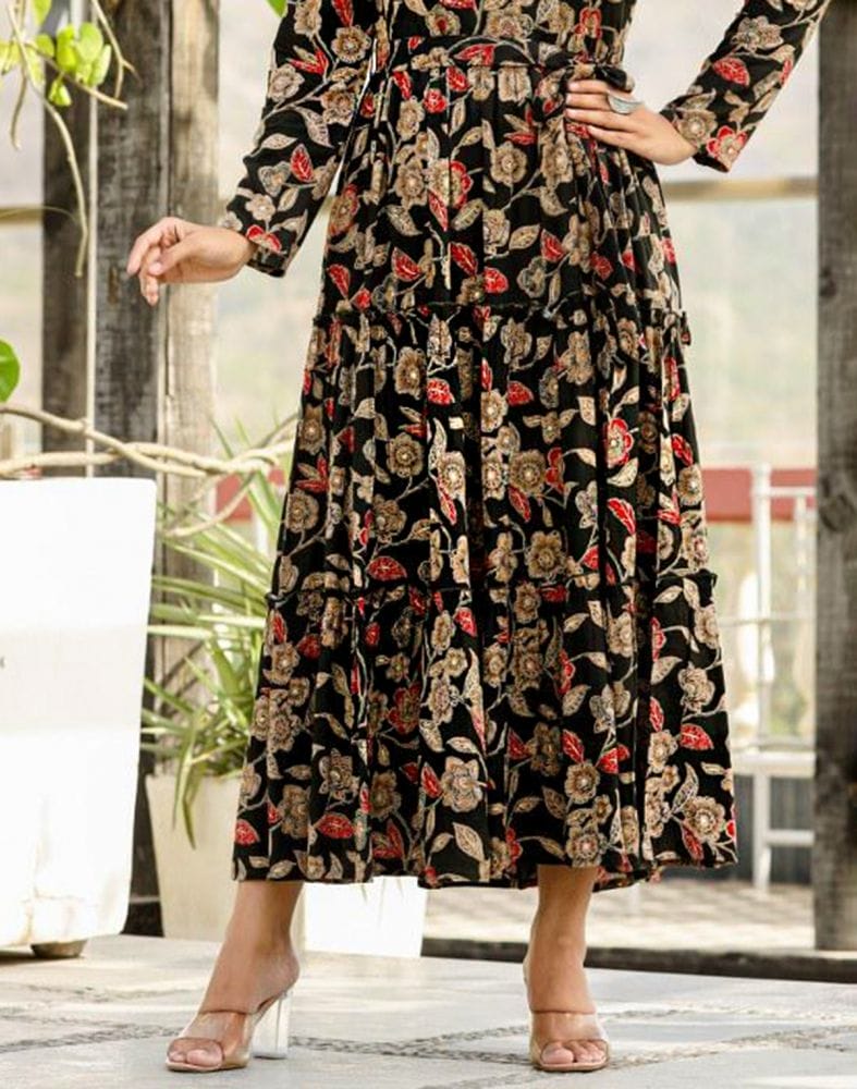 Collection of Black Floral Beads work Cotton Silk Kurti with Belt in a gallery layout