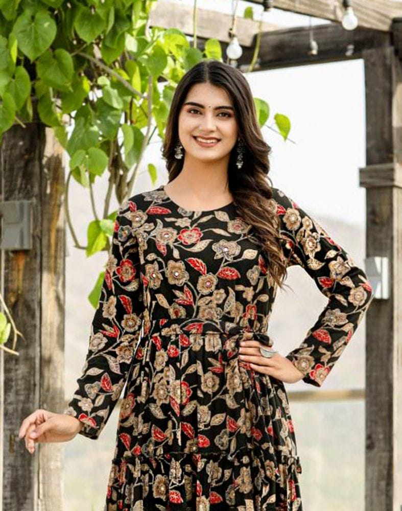 Collection of Black Floral Beads work Cotton Silk Kurti with Belt in a gallery layout