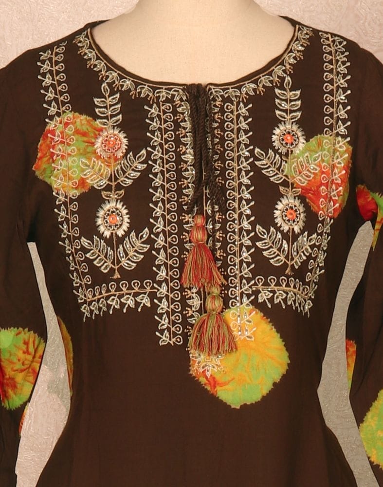 Collection of Brown Floral Beads work Rayon Kurti in a gallery layout