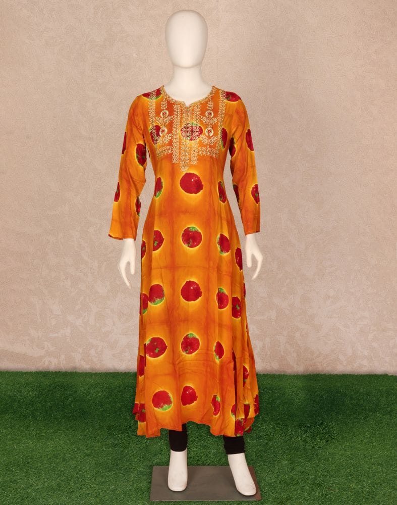 Collection of Mustard Floral Beads work Rayon Kurti in a gallery layout