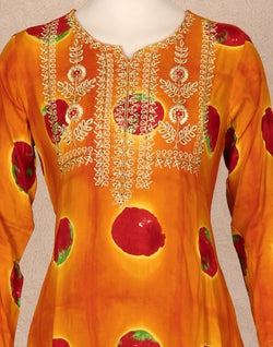 Collection of Mustard Floral Beads work Rayon Kurti in a gallery layout