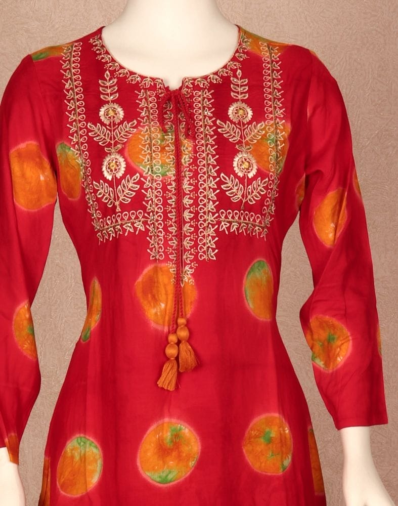 Red Floral Beads work Rayon Kurti