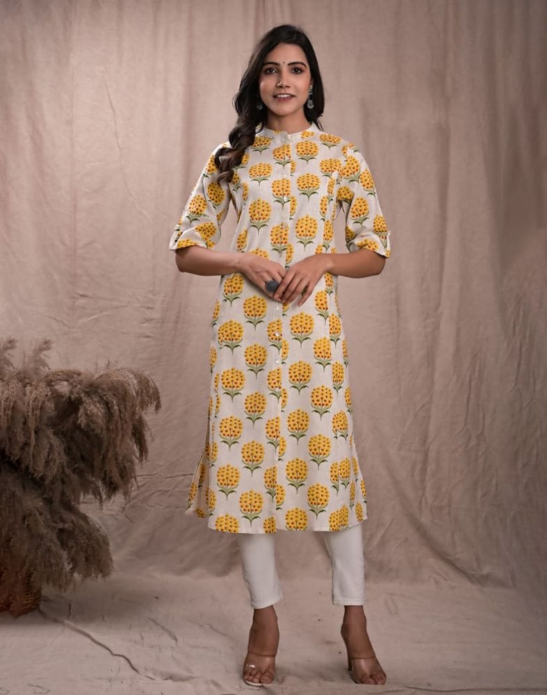 Collection of Yellow Colour Botanical Print Cotton Kurti in a gallery layout