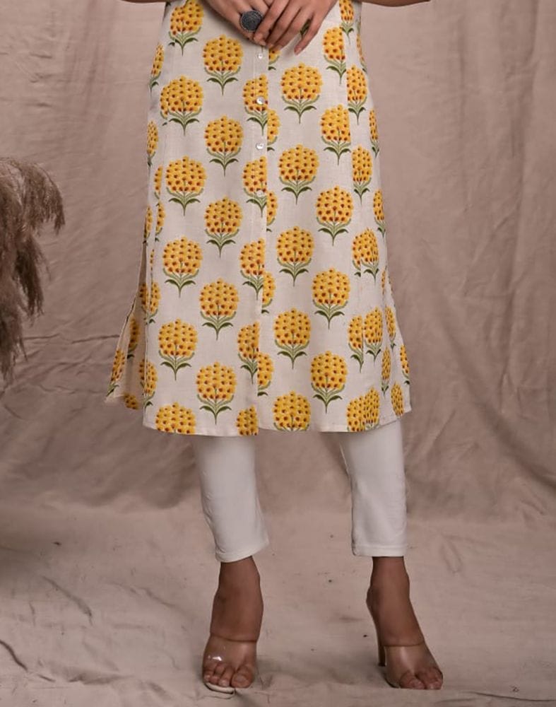 Yellow Colour Botanical Print Cotton Kurti