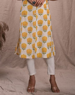 Collection of Yellow Colour Botanical Print Cotton Kurti in a gallery layout