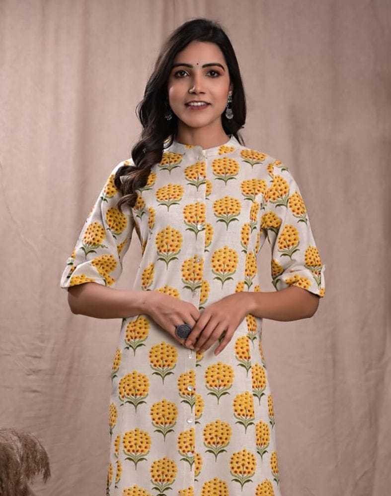 Yellow Colour Botanical Print Cotton Kurti