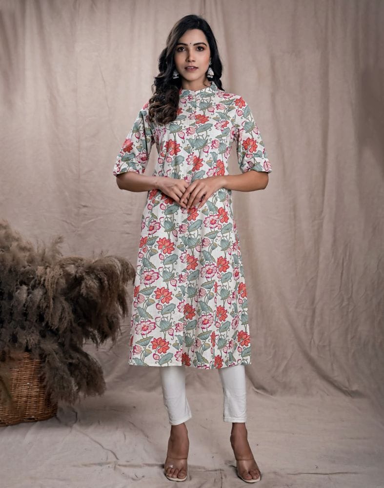 Collection of Pink Floral Print Cotton Kurti in a gallery layout