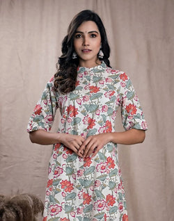 Collection of Pink Floral Print Cotton Kurti in a gallery layout