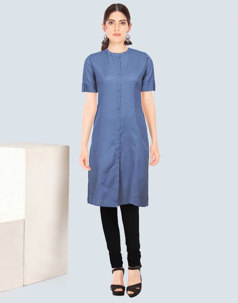 Collection of Light Blue Cotton Plain Kurti in a gallery layout