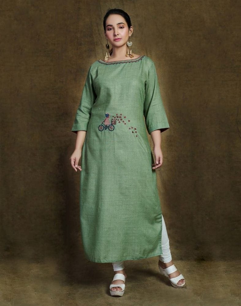 Green Linen Cotton Embroidery Kurti with Mask