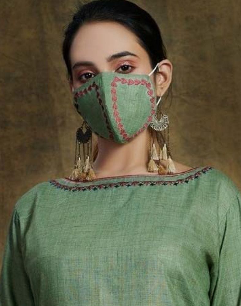 Collection of Green Linen Cotton Embroidery Kurti with Mask in a gallery layout