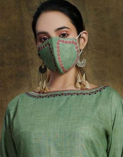 Collection of Green Linen Cotton Embroidery Kurti with Mask in a gallery layout