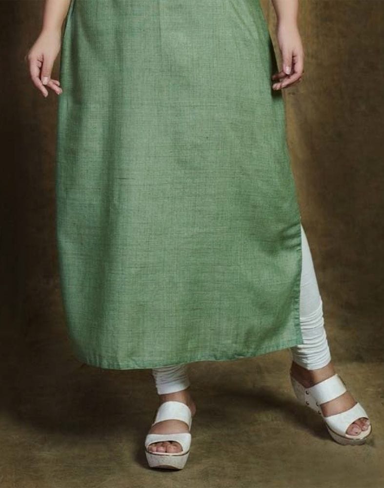 Green Linen Cotton Embroidery Kurti with Mask