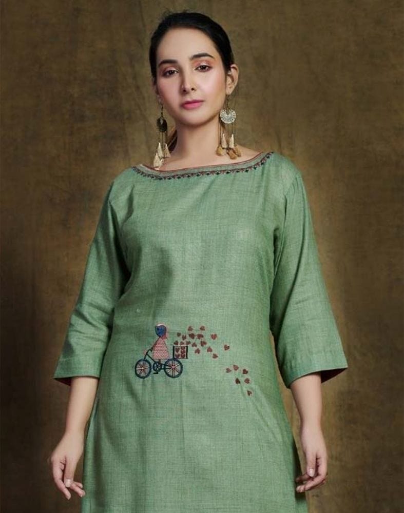 Collection of Green Linen Cotton Embroidery Kurti with Mask in a gallery layout