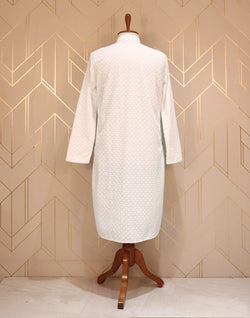 Collection of White Floral Cotton Chikankari Kurta Pyjama Set in a gallery layout