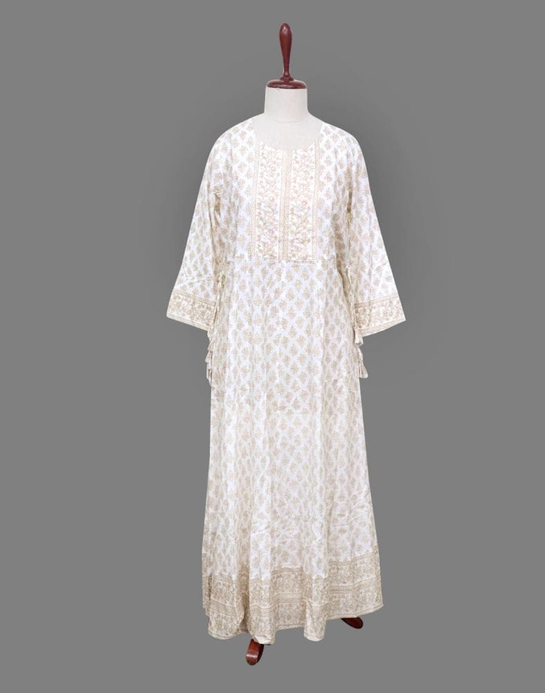 White Floral Cotton Mirror Kurti with Dupatta