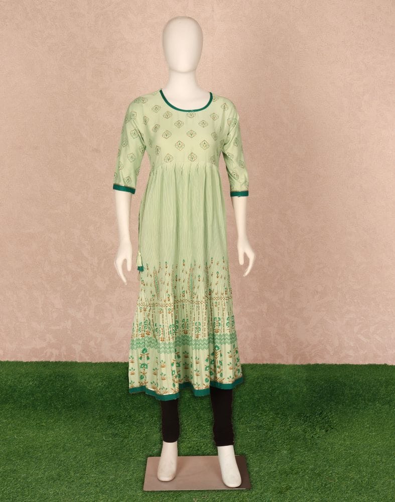 Collection of Light Green Floral Print Cotton Silk Kurti in a gallery layout