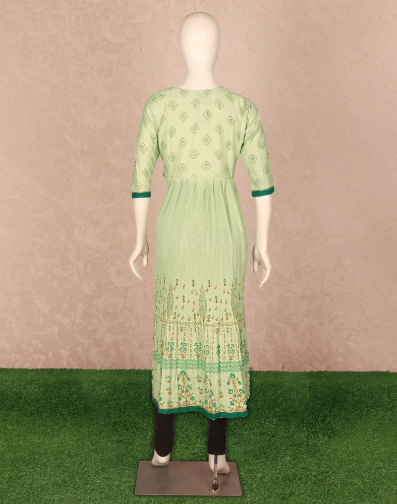 Collection of Light Green Floral Print Cotton Silk Kurti in a gallery layout