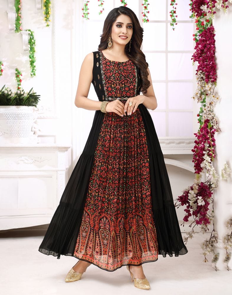 Black Floral Beads work Chiffon flared Kurti