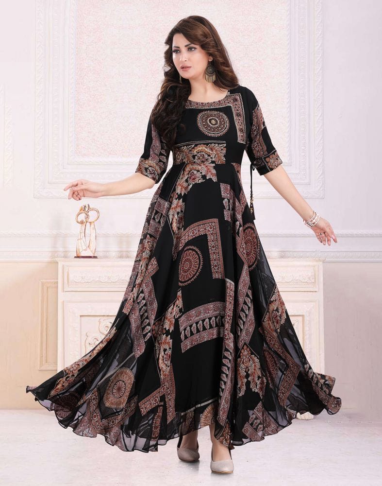 Collection of Black Floral Print Chiffon fully flared Kurti in a gallery layout