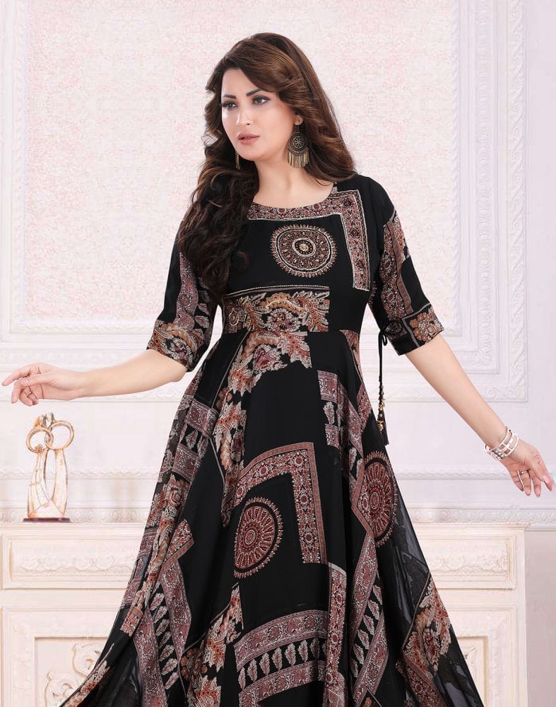 Black Floral Print Chiffon fully flared Kurti