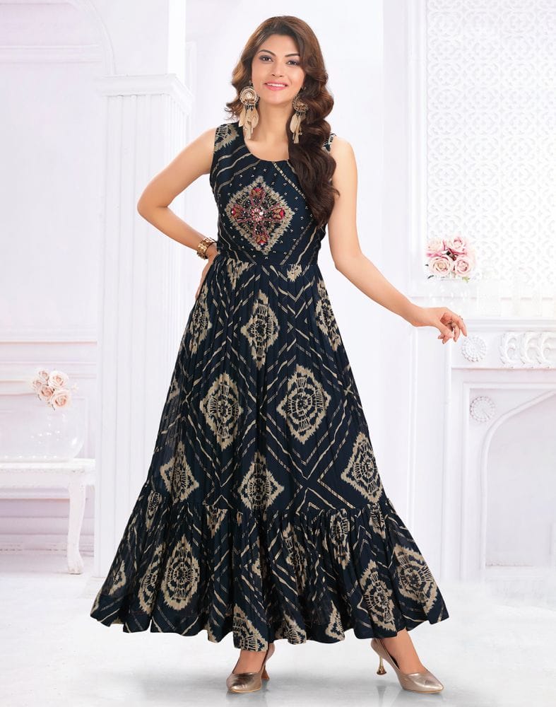 Collection of Navy Blue Beads work Chiffon fully flared Kurti in a gallery layout