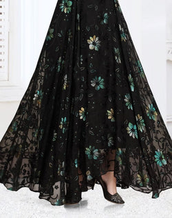 Collection of Stylish Black Floral Print Chiffon fully flair Kurti in a gallery layout