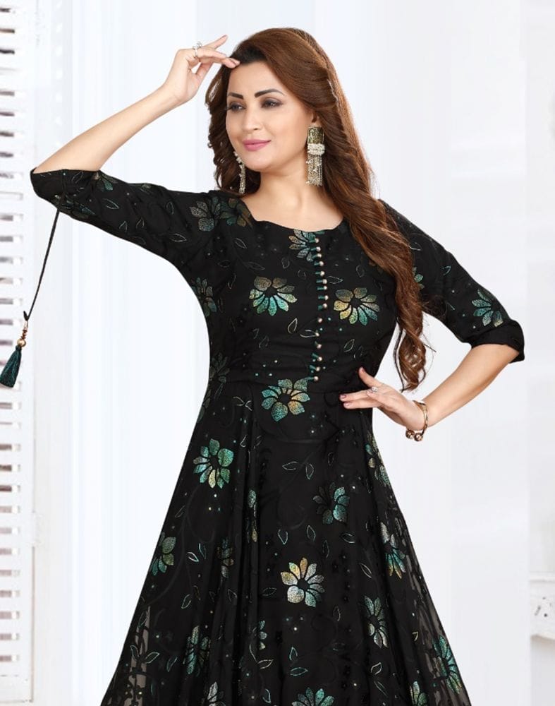 Stylish Black Floral Print Chiffon fully flair Kurti