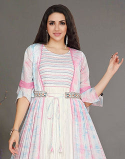 Collection of Multi Color Graphic Print Chiffon Kurti with Shrug in a gallery layout