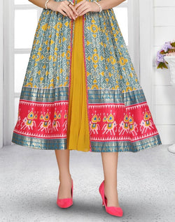 Collection of Mustard Ikat Print Cotton Silk Kurti with Shrug in a gallery layout