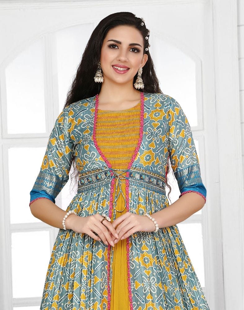 Collection of Mustard Ikat Print Cotton Silk Kurti with Shrug in a gallery layout