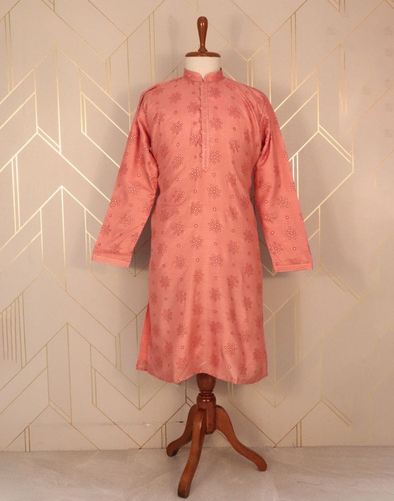 Collection of Peach Floral Raw Silk Printed Kurta Pyjama Set in a gallery layout