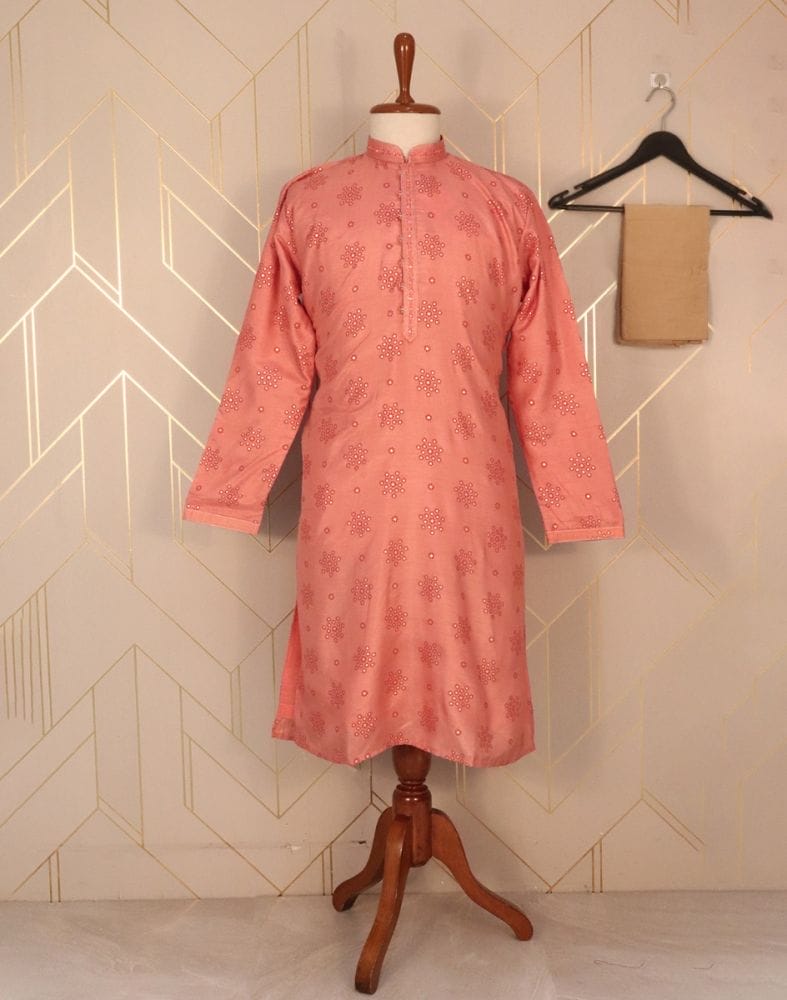 Peach Floral Raw Silk Printed Kurta Pyjama Set