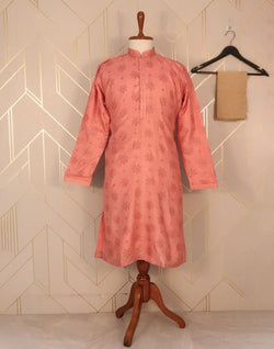 Collection of Peach Floral Raw Silk Printed Kurta Pyjama Set in a gallery layout