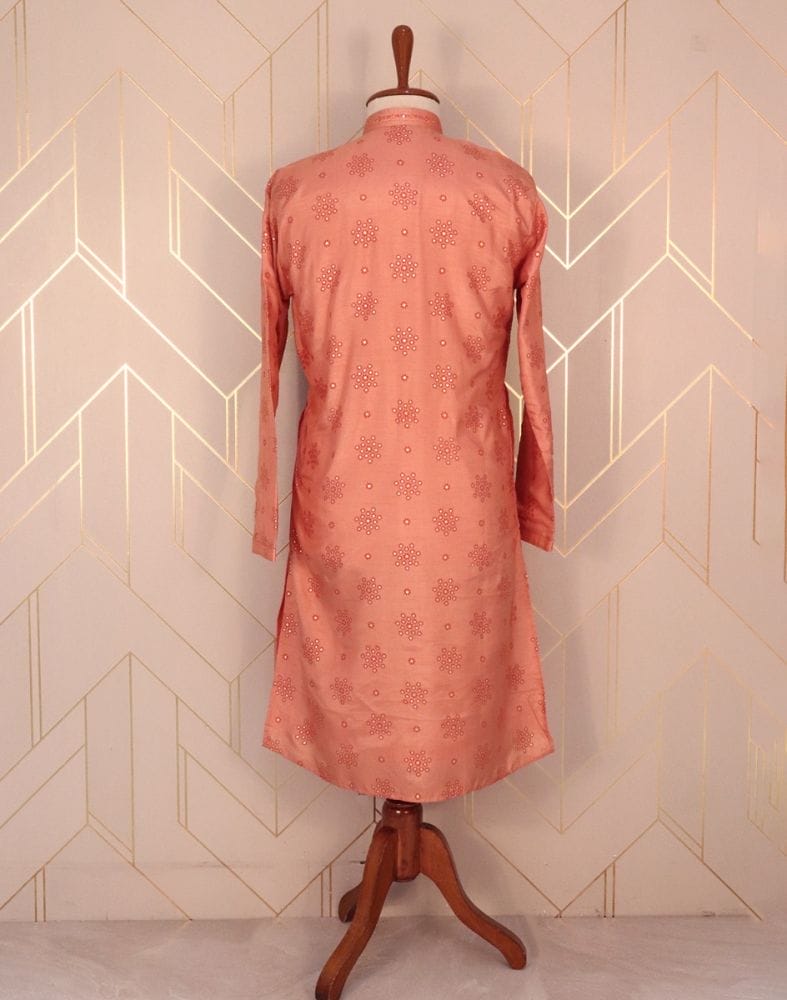 Collection of Peach Floral Raw Silk Printed Kurta Pyjama Set in a gallery layout