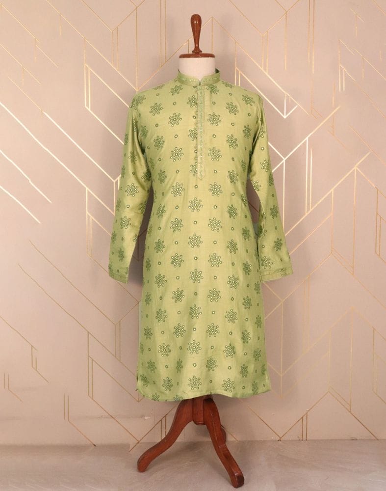 Collection of Pista Green Floral Raw Silk Printed Kurta Pyjama Set in a gallery layout