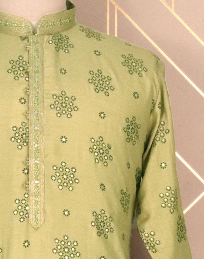 Collection of Pista Green Floral Raw Silk Printed Kurta Pyjama Set in a gallery layout