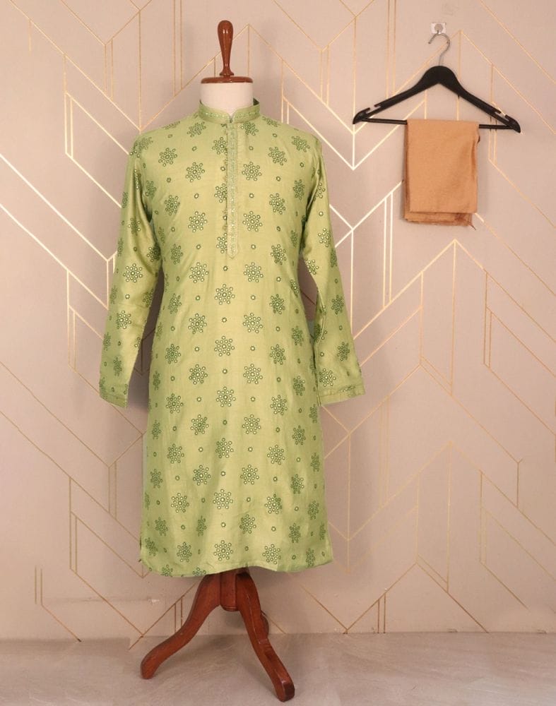 Collection of Pista Green Floral Raw Silk Printed Kurta Pyjama Set in a gallery layout