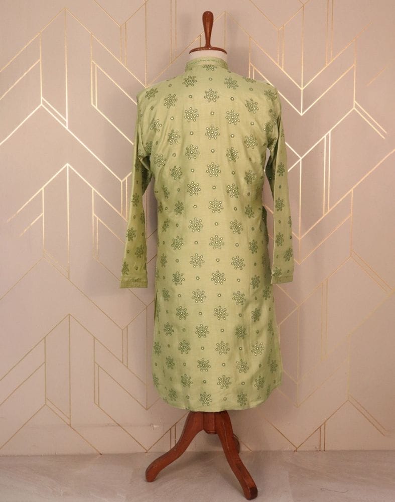 Collection of Pista Green Floral Raw Silk Printed Kurta Pyjama Set in a gallery layout