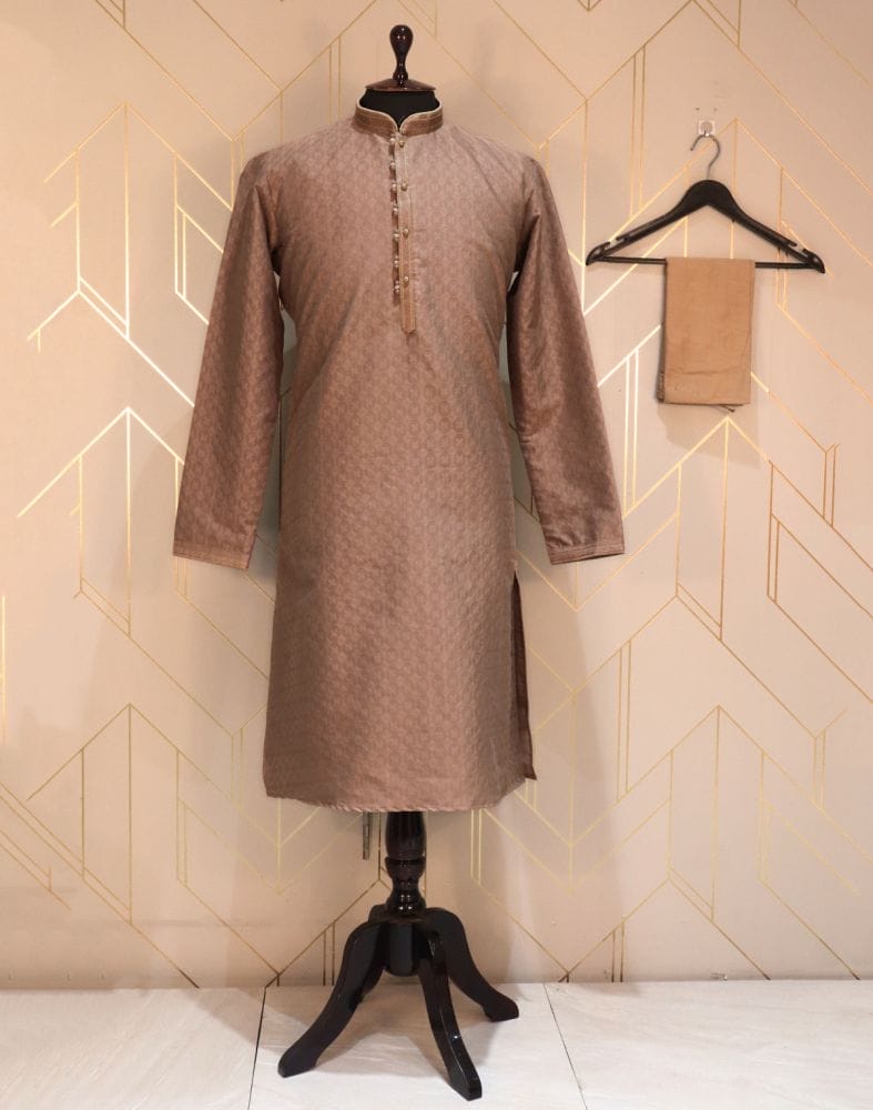 Collection of Self Design Brown Coloured Jacquard Kurta Pyjama Set in a gallery layout