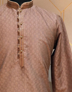 Collection of Self Design Brown Coloured Jacquard Kurta Pyjama Set in a gallery layout