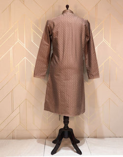 Collection of Self Design Brown Coloured Jacquard Kurta Pyjama Set in a gallery layout