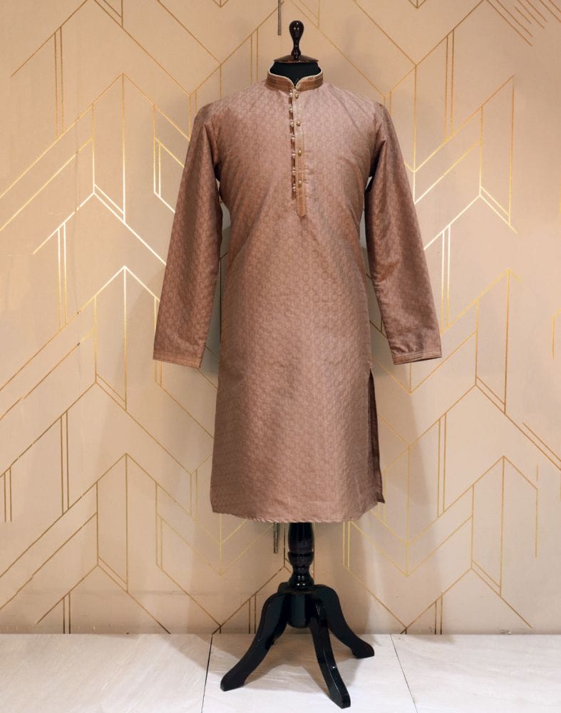 Collection of Self Design Brown Coloured Jacquard Kurta Pyjama Set in a gallery layout