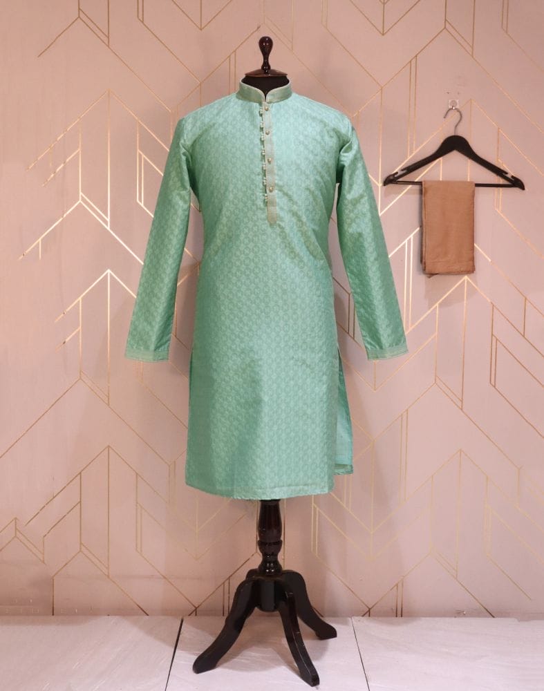 Collection of Firozi Self Design Jacquard Kurta Pyjama Set in a gallery layout