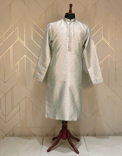 Collection of Grey Floral Weave Jacquard Kurta Pyjama Set in a gallery layout