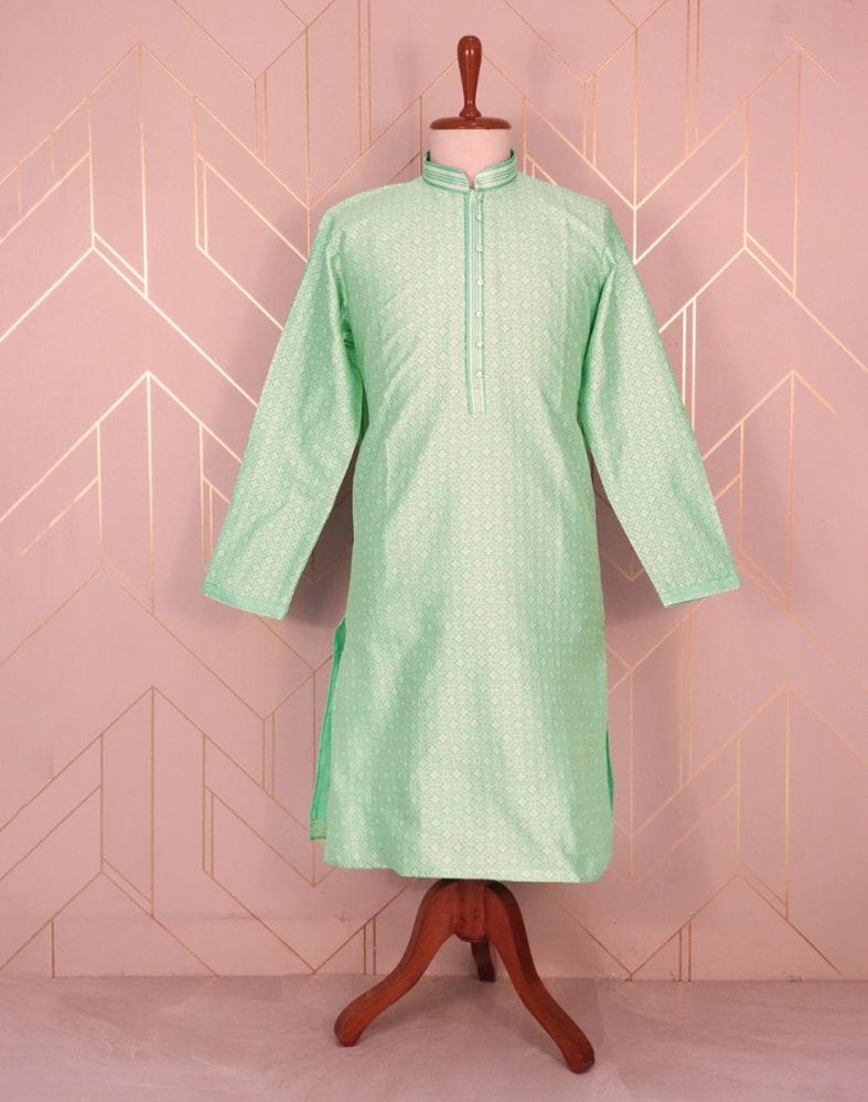 Collection of Firozi Coloured Self Design Jacquard Weave Kurta Pyjama Set in a gallery layout